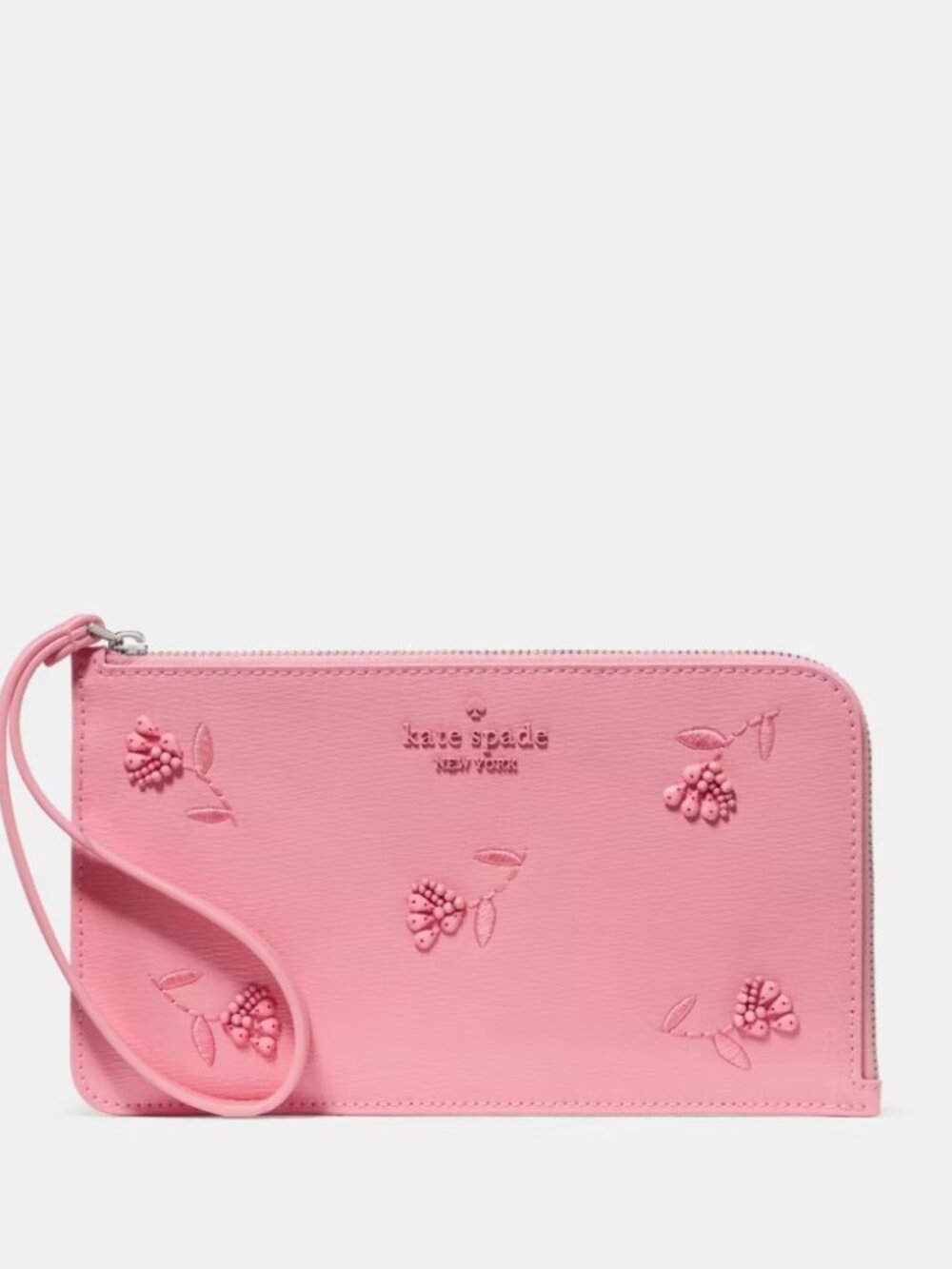 🆕Kate Spade Lucy Beaded Embellished Leather Wristlet L-Zip Grapefruit Soda Pink